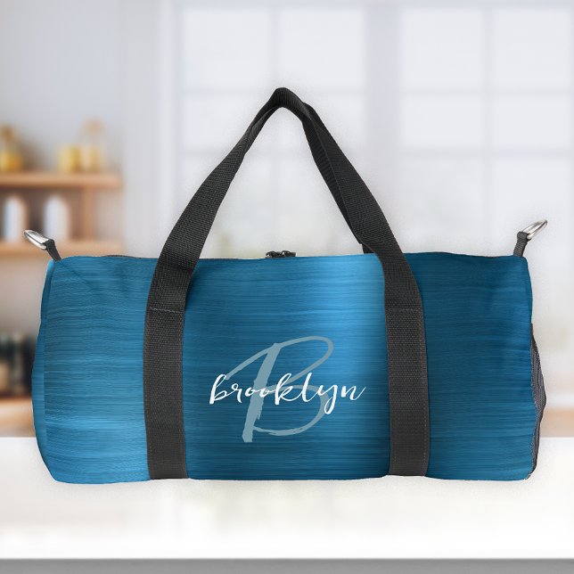 Glam Teal Blue Brushed Metal White Monogram  Duffle Bag (Creator Uploaded)