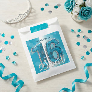 Glam Teal Blue Diamonds Sweet 16 Birthday Party Favor Bag