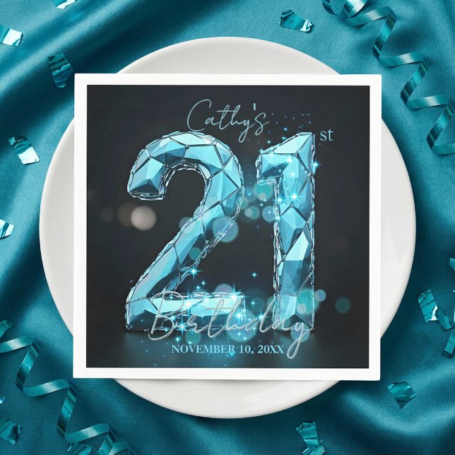 Glam Teal Blue Faceted Crystal 21st Birthday Party Napkins (Creator Uploaded)