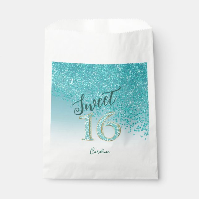 Glam Teal Blue Glitter Sweet 16 Birthday Favor Bag (Front)