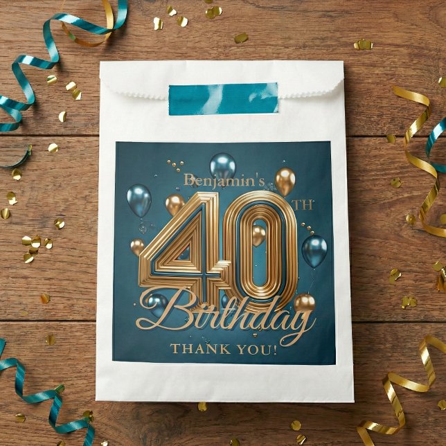 Glam Teal Blue Gold Balloons 40th Birthday Party Favor Bag (Creator Uploaded)