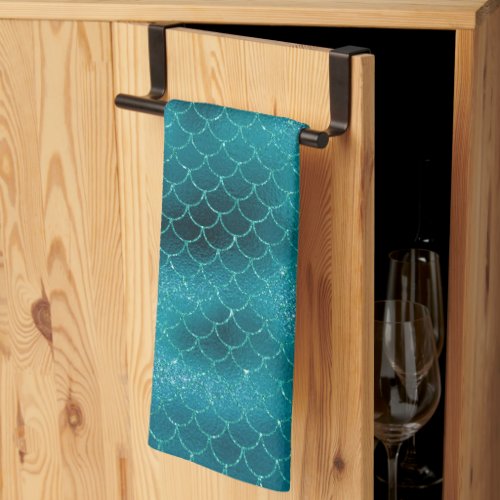 Glam Teal Faux Glitter Mermaid Scales Kitchen Towel