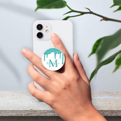 Glam Teal Glitter Drips Sparkle Monogram PopSocket