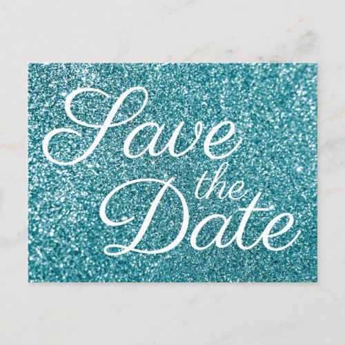 Glam Teal Glitter Photo Save the Date Postcard