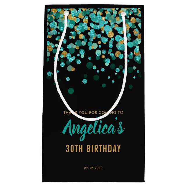 Glam Teal Gold Glitter Confetti Black Birthday Small Gift Bag (Front)