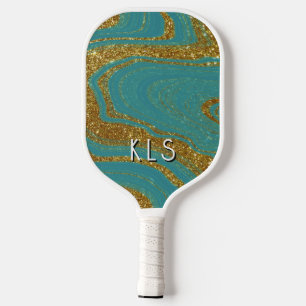 Glam Teal & Gold Glitter Swirl Monogram Pickleball Paddle