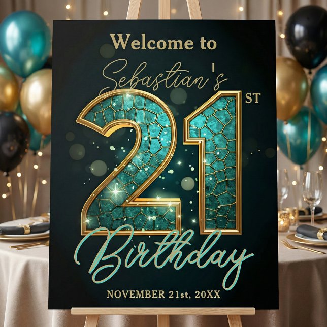 Glam Teal Gold Mosaic 21st Birthday Party Welcome Foam Board (Creator Uploaded)