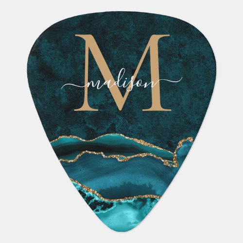 Glam Teal Green Gold Glitter Agate Geode Monogram Guitar Pick