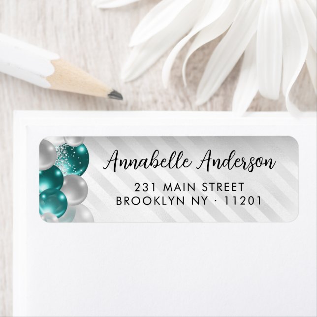Glam Teal Green Silver Balloon Glitter Birthday  Label (Insitu)