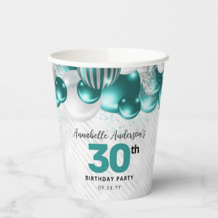 Glam Teal Green Silver Balloon Glitter Birthday Paper Cups