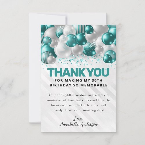 Glam Teal Green Silver Balloon Glitter Birthday Thank You Card