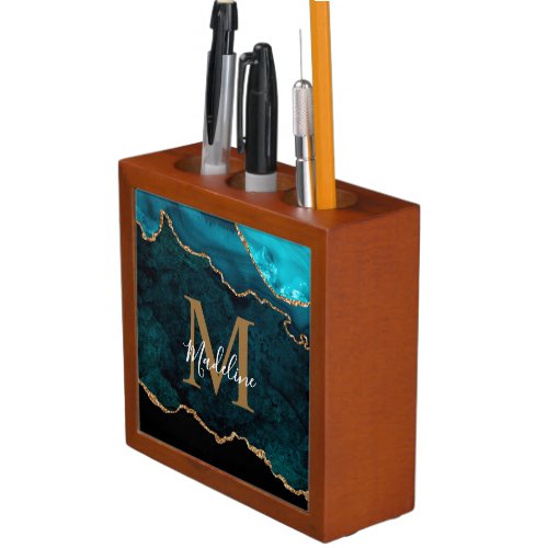 Glam Teal Marble Agate Geode Gold Monogram Desk Organizer