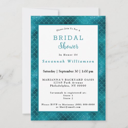 Glam Teal Mermaid Scales Bridal Shower Invitation