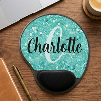 Glam Teal Mint Faux Glitter Sparkle Monogram Name Gel Mouse Pad