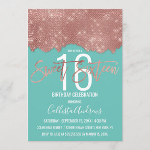Glam Teal Rose Gold Glitter Color Block Sweet 16 Invitation