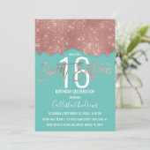 Glam Teal Rose Gold Glitter Color Block Sweet 16 Invitation (Standing Front)