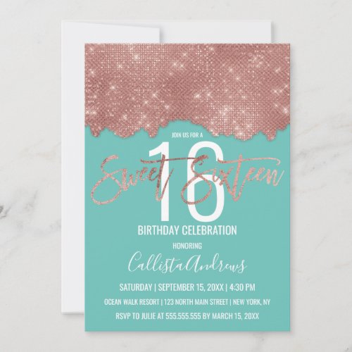 Glam Teal Rose Gold Glitter Color Block Sweet 16 Invitation