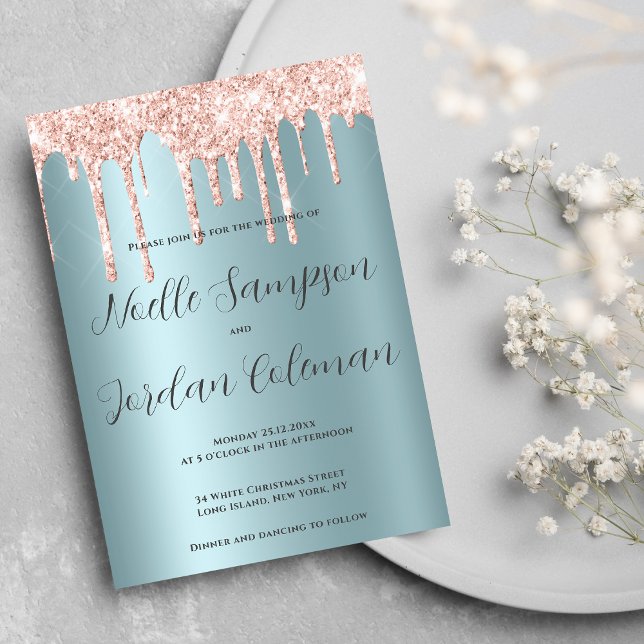  Glam teal rose gold glitter drips script wedding Invitation (Glam teal rose gold glitter drips script wedding)