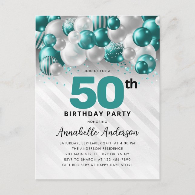 Glam Teal Silver Balloon Glitter 50th Birthday  Postcard (Front)