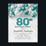 Glam Teal Silver Balloon Glitter 80th Birthday  Postcard<br><div class="desc">Modern Glam Teal Green Silver Balloon Glitter Sparkle Any Age Birthday Invitation</div>