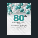 Glam Teal Silver Balloon Glitter 80th Birthday  Postcard<br><div class="desc">Modern Glam Teal Green Silver Balloon Glitter Sparkle Any Age Birthday Invitation</div>