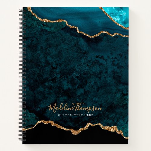 Glam Teal Velvet Agate Geode Gold Script Notebook