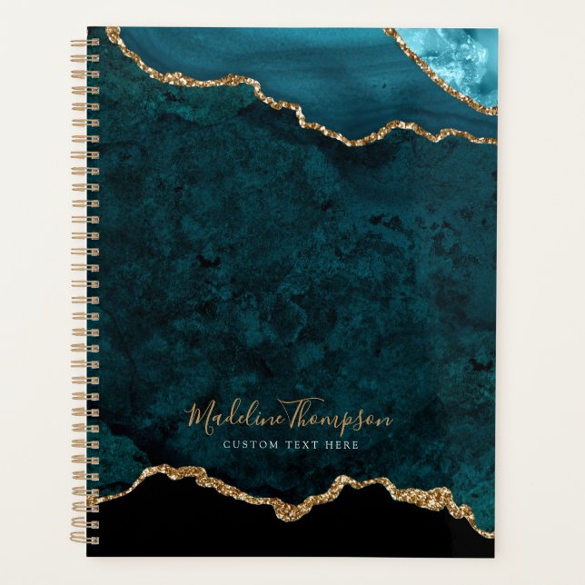 Glam Teal Velvet Agate Geode Gold Script Planner (Front)