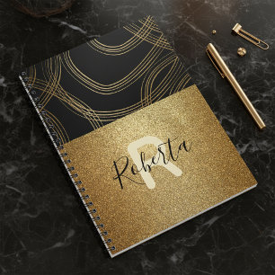 Glam Trendy Chic Black and Gold Glitter Notebook