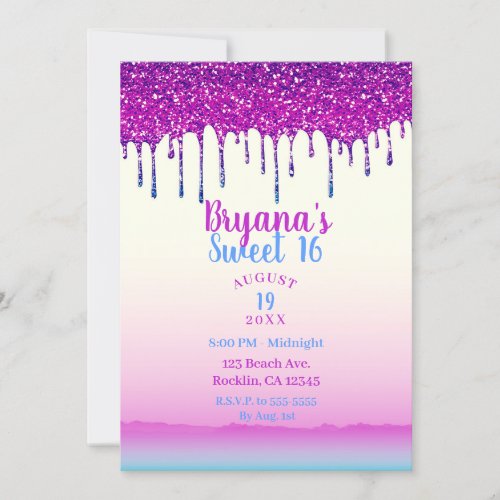 Glam Trendy Pink Blue Glitter Drip Sweet 16 Party Invitation