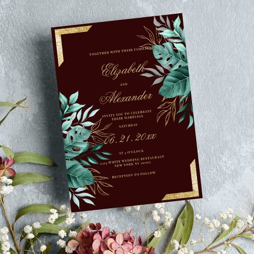 Glam tropical burgundy gold glitter floral wedding invitation