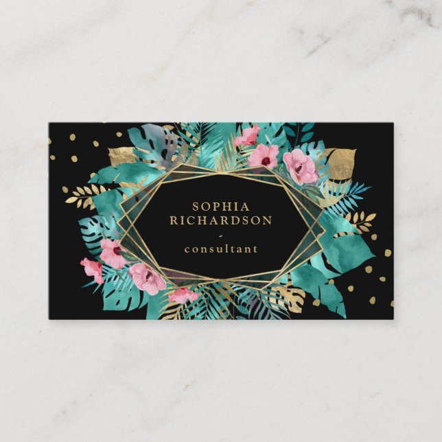 Glam Tropical Gold Leaves on Black | Geometric Business Card (Front)