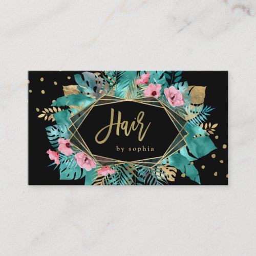 Glam Tropical Gold Leaves on Black  Hair Business Card