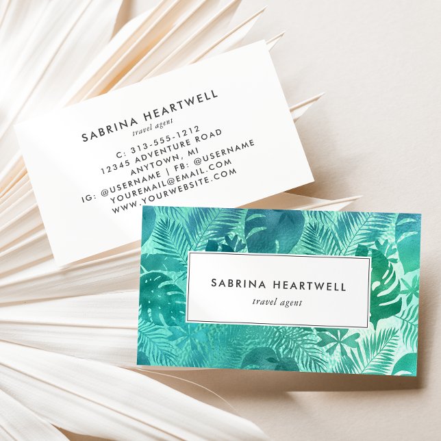 Glam Tropical Monstera Leaves Teal Blue Business Card (Creator Uploaded)