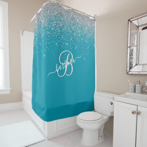 Glam Turquoise 3_Color Monogram Name  Shower Curtain