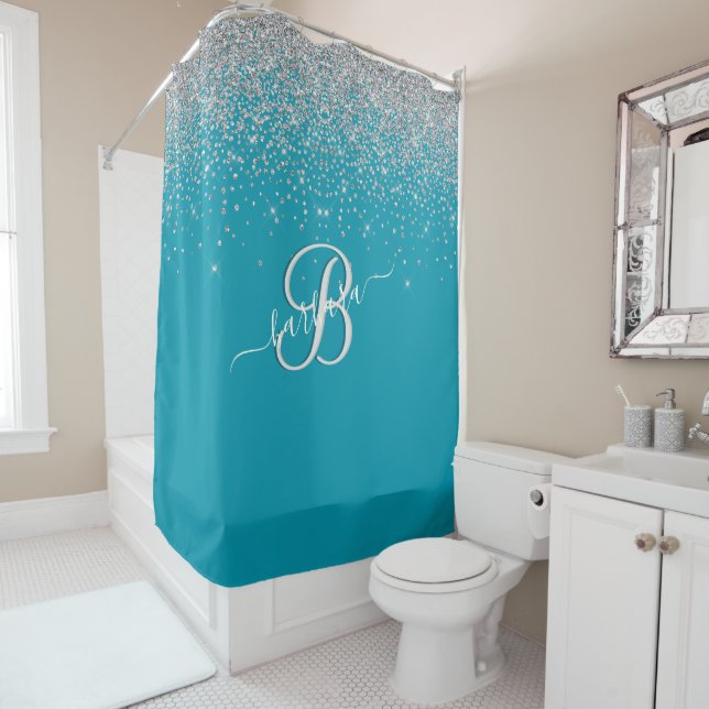 Glam Turquoise 3-Color Monogram Name  Shower Curtain (In Situ)