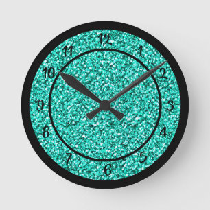 Glam Turquoise Blue Glitter Sparkle Round Clock