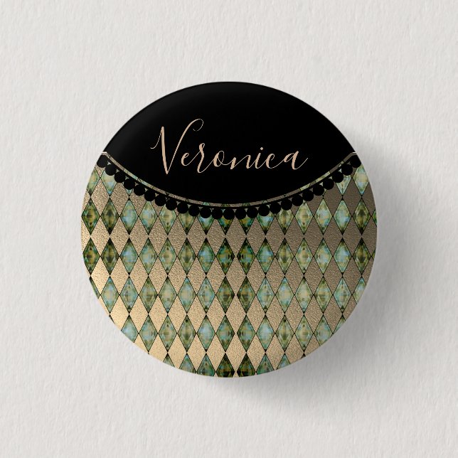 Glam Turquoise Harlequin Personalized  Button (Front)
