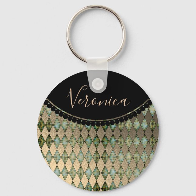 Glam Turquoise Harlequin Personalized  Keychain (Front)