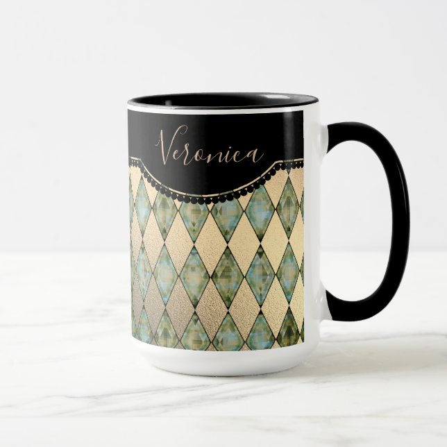 Glam Turquoise Harlequin Personalized  Mug (Right)