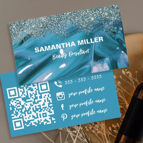 Glam Turquoise Marble Glitter Beauty Consultant Business Card
