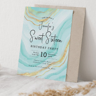 Glam Turquoise Marble Glitter Sweet 16 Party Invitation