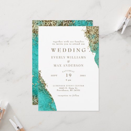 Glam Turquoise  Metallic Gold Wedding Invitation