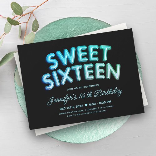Glam Turquoise Teal Balloons Black Sweet 16   Invitation