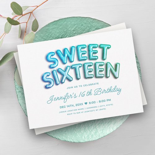Glam Turquoise Teal Balloons White Sweet 16   Invitation