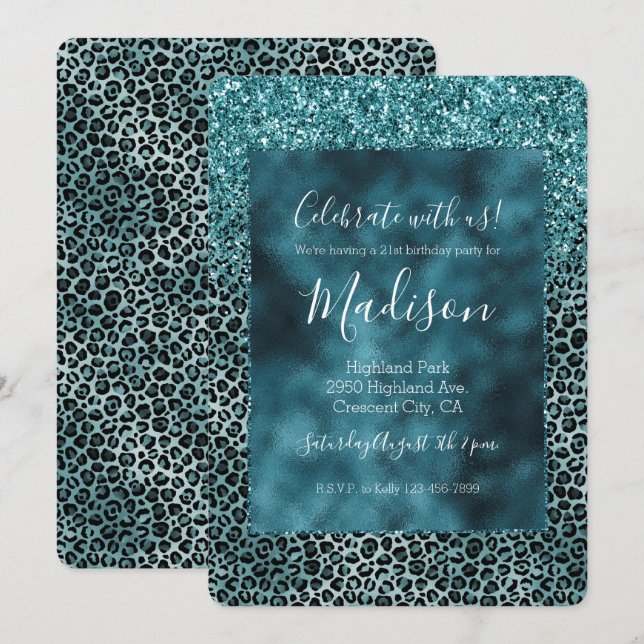 Glam Turquoise Teal Blue Leopard Glitter Birthday Invitation (Front/Back)