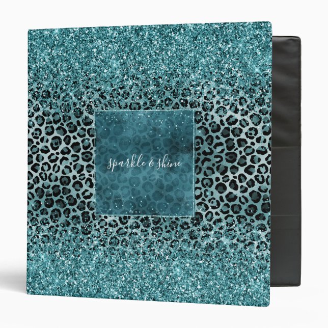 Glam Turquoise Teal Blue Leopard Print Glitter 3 Ring Binder (Front/Inside)