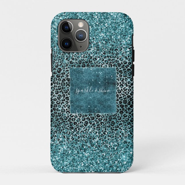 Glam Turquoise Teal Blue Leopard Print Glitter Case-Mate iPhone Case (Back)