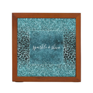 Glam Turquoise Teal Blue Leopard Print Glitter Desk Organizer