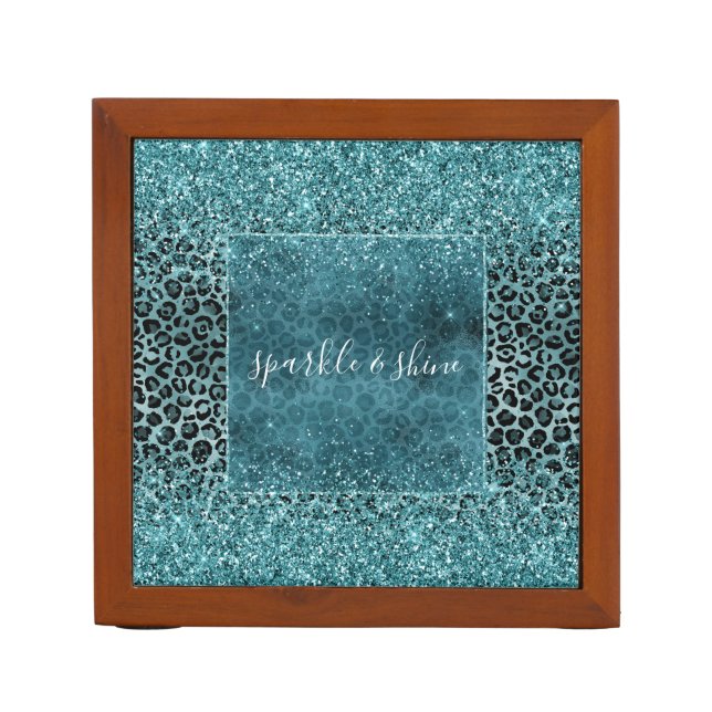Glam Turquoise Teal Blue Leopard Print Glitter Desk Organizer (Front)