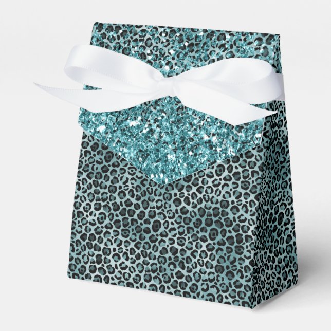 Glam Turquoise Teal Blue Leopard Print Glitter Favor Boxes (Front Side)